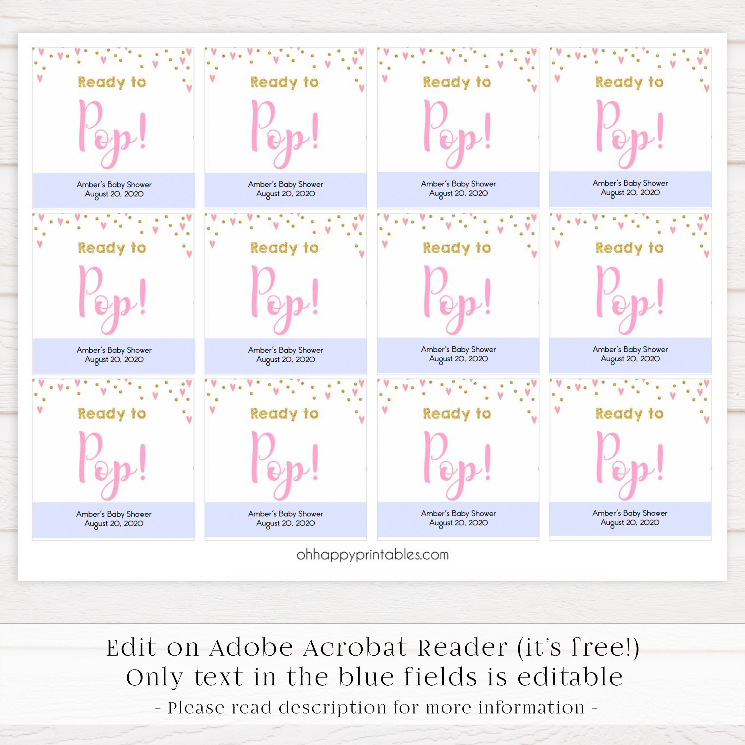 ready to pop tags, pop baby tags,Printable baby shower games, small pink hearts fun baby games, baby shower games, fun baby shower ideas, top baby shower ideas, gold baby shower, pink hearts baby shower ideas