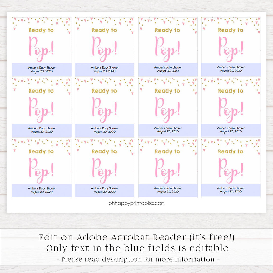 ready to pop tags, pop baby tags,Printable baby shower games, small pink hearts fun baby games, baby shower games, fun baby shower ideas, top baby shower ideas, gold baby shower, pink hearts baby shower ideas