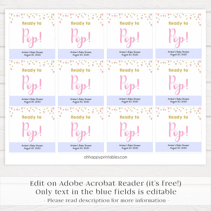 ready to pop tags, pop baby tags,Printable baby shower games, small pink hearts fun baby games, baby shower games, fun baby shower ideas, top baby shower ideas, gold baby shower, pink hearts baby shower ideas