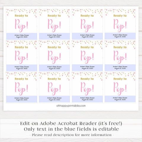 ready to pop tags, pop baby tags,Printable baby shower games, small pink hearts fun baby games, baby shower games, fun baby shower ideas, top baby shower ideas, gold baby shower, pink hearts baby shower ideas