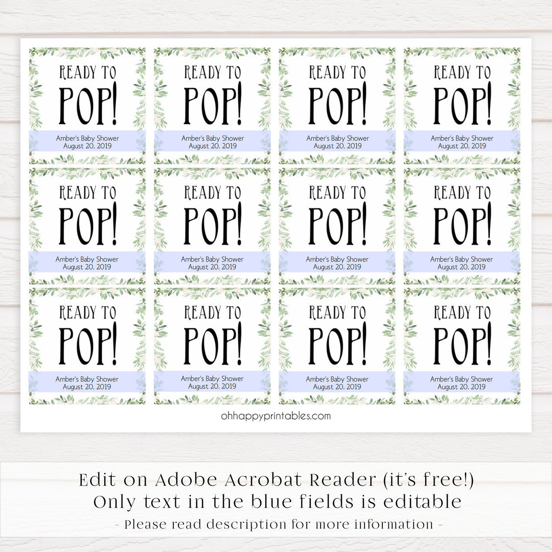 ready to pop baby tags, ready to pop, Printable baby shower games, greenery baby shower games, fun floral baby games, botanical baby shower games,