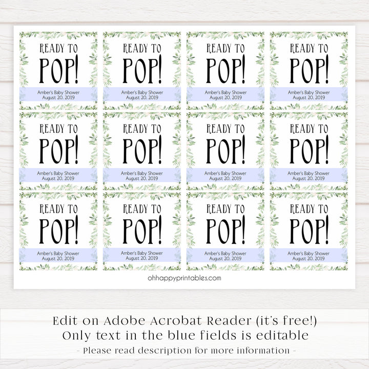 ready to pop baby tags, ready to pop, Printable baby shower games, greenery baby shower games, fun floral baby games, botanical baby shower games,