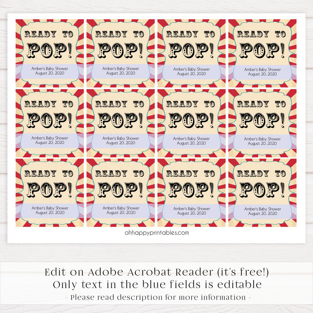 circus ready to pop tags, pop baby shower tags, Printable baby shower games, circus fun baby games, baby shower games, fun baby shower ideas, top baby shower ideas, carnival baby shower, circus baby shower ideas