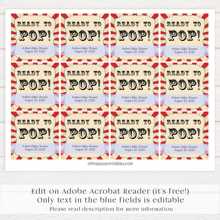 circus ready to pop tags, pop baby shower tags, Printable baby shower games, circus fun baby games, baby shower games, fun baby shower ideas, top baby shower ideas, carnival baby shower, circus baby shower ideas