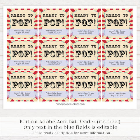 circus ready to pop tags, pop baby shower tags, Printable baby shower games, circus fun baby games, baby shower games, fun baby shower ideas, top baby shower ideas, carnival baby shower, circus baby shower ideas