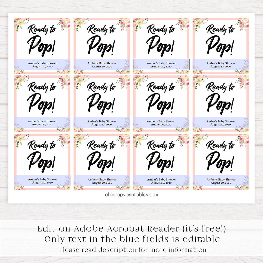 ready to pop tags, pop tags, Printable baby shower games, floral fun baby games, baby shower games, fun baby shower ideas, top baby shower ideas, floral baby shower, blue baby shower ideas