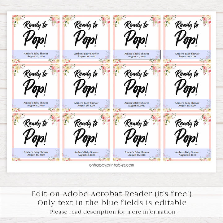 ready to pop tags, pop tags, Printable baby shower games, floral fun baby games, baby shower games, fun baby shower ideas, top baby shower ideas, floral baby shower, blue baby shower ideas