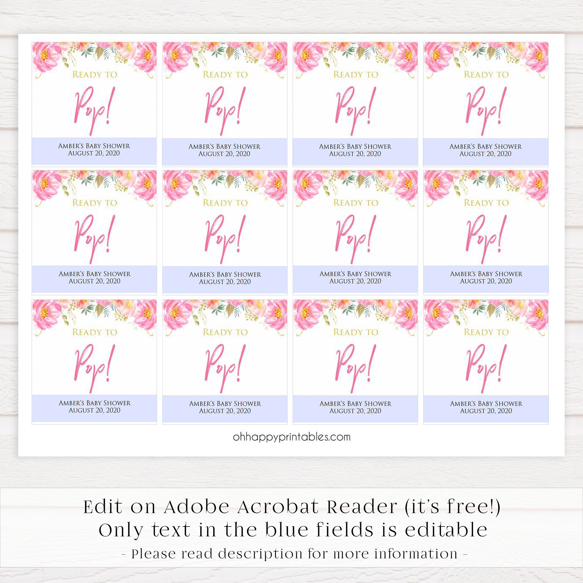 Ready to pop tags, baby pop tags, Printable baby shower games, blush floral fun baby games, baby shower games, fun baby shower ideas, top baby shower ideas, blush baby shower, blue baby shower ideas
