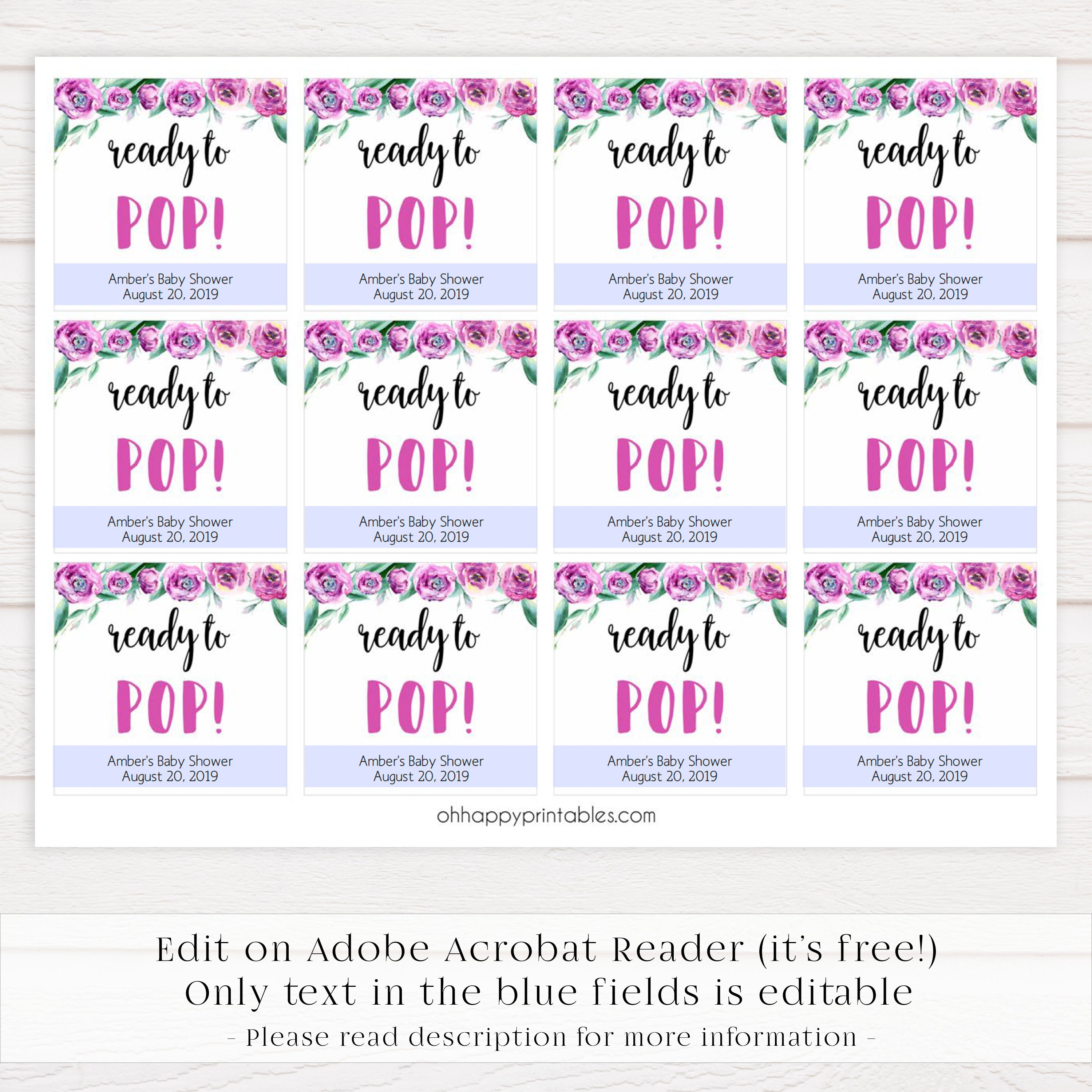 ready to pop baby tags, printable baby shower tags, peonies baby shower decor, fun baby shower ideas