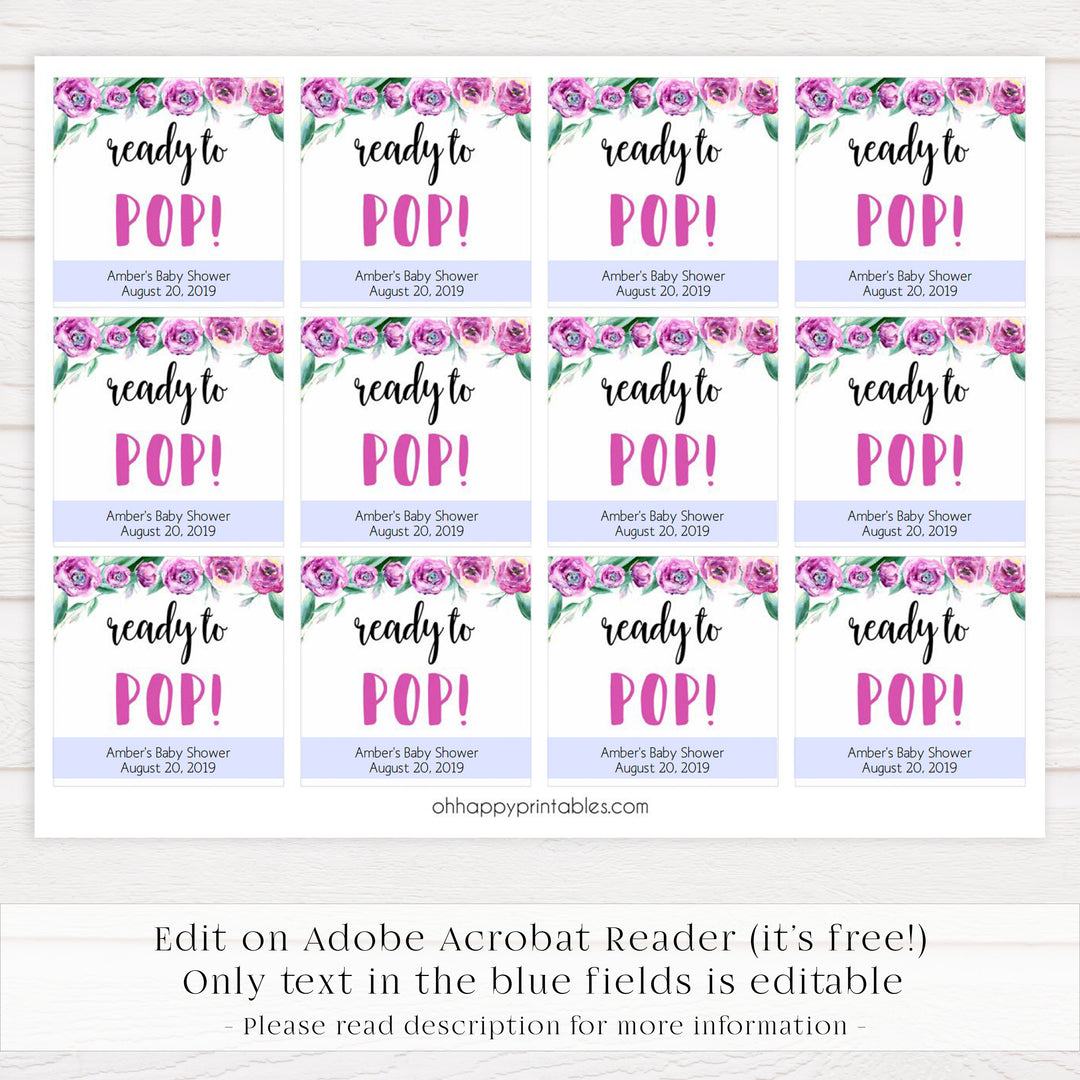ready to pop baby tags, printable baby shower tags, peonies baby shower decor, fun baby shower ideas