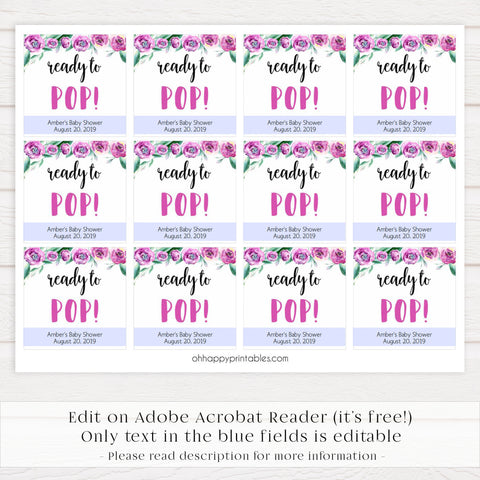 ready to pop baby tags, printable baby shower tags, peonies baby shower decor, fun baby shower ideas