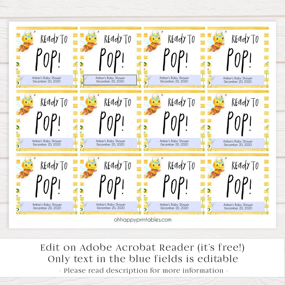 ready to pop tags, pop baby tags, Printable baby shower games, mommy bee fun baby games, baby shower games, fun baby shower ideas, top baby shower ideas, mommy to bee baby shower, friends baby shower ideas