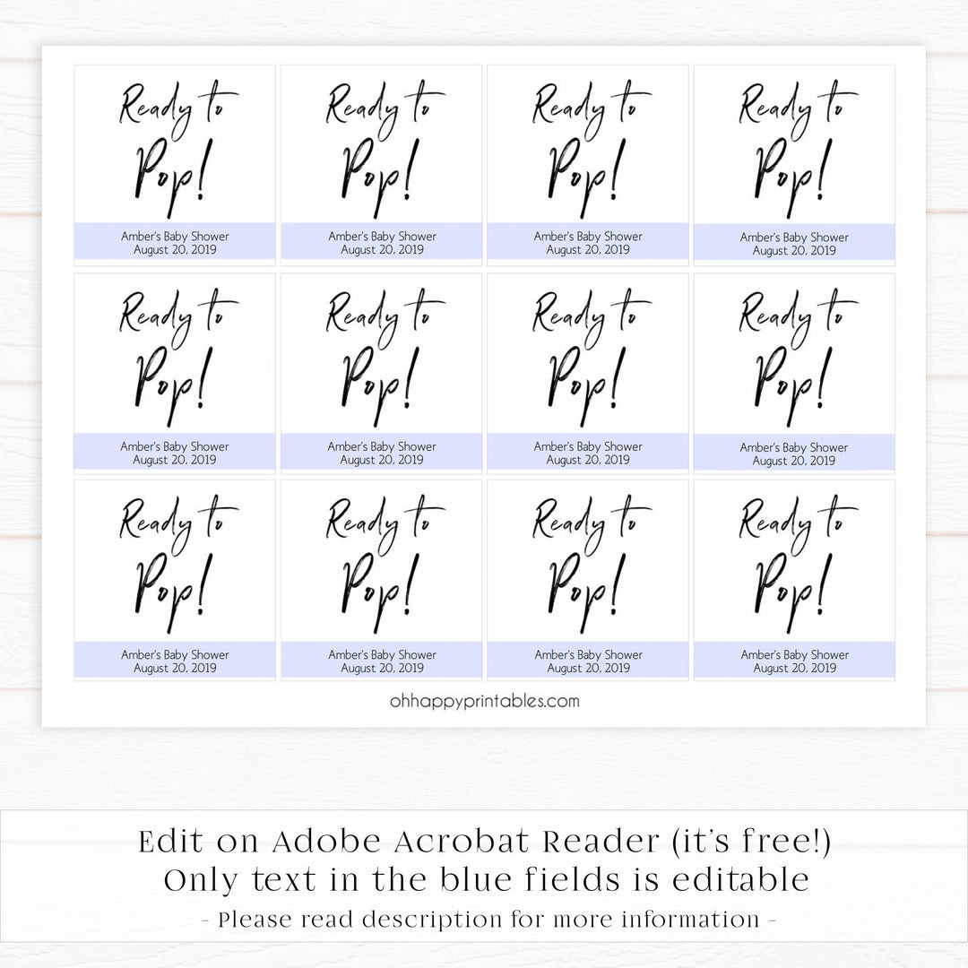 Ready to Pop baby shower tags, printable baby shower tags, gender neutral baby decor, printable baby tags