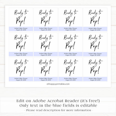 Ready to Pop baby shower tags, printable baby shower tags, gender neutral baby decor, printable baby tags