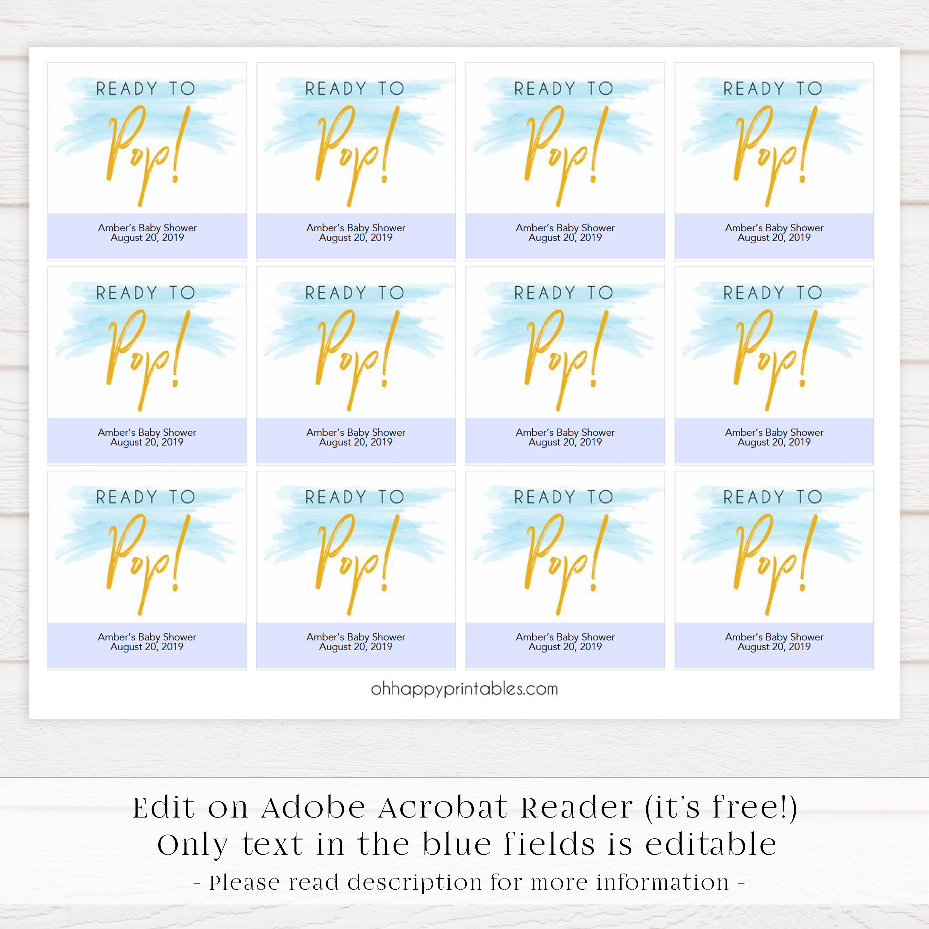 ready to pop baby shower tags, printable baby tags, blue swash baby tags, fun baby shower ideas
