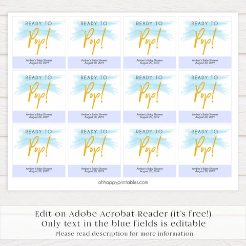 ready to pop baby shower tags, printable baby tags, blue swash baby tags, fun baby shower ideas