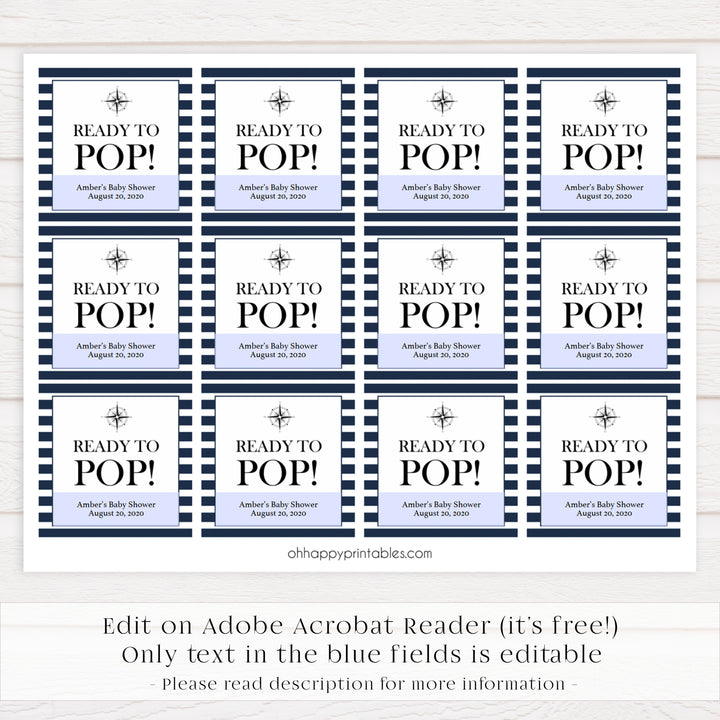 Ready to pop tags, pop tags nautical, Printable baby shower games, nautical baby shower games, nautical baby games, fun baby shower games, top baby shower ideas