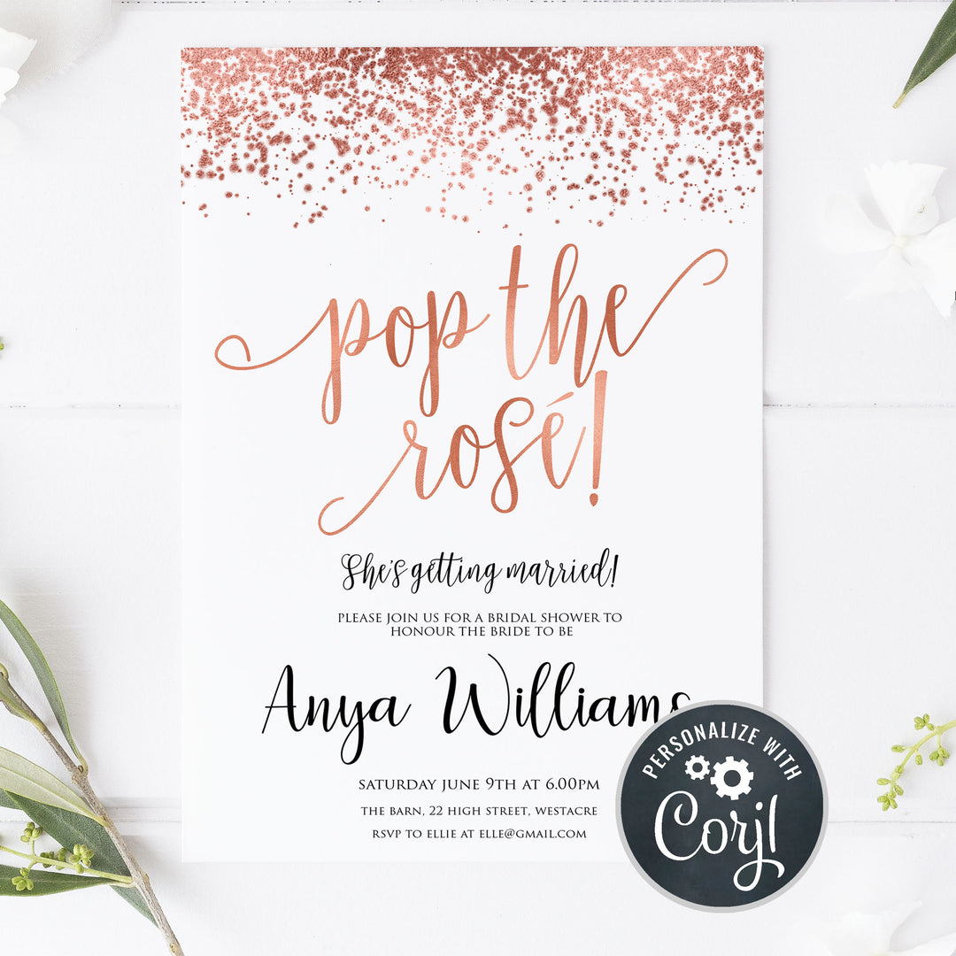 pop the rose invite, rose gold hen party invite, editable hen party invite, corjl editable invite, cell phone bridal shower invite