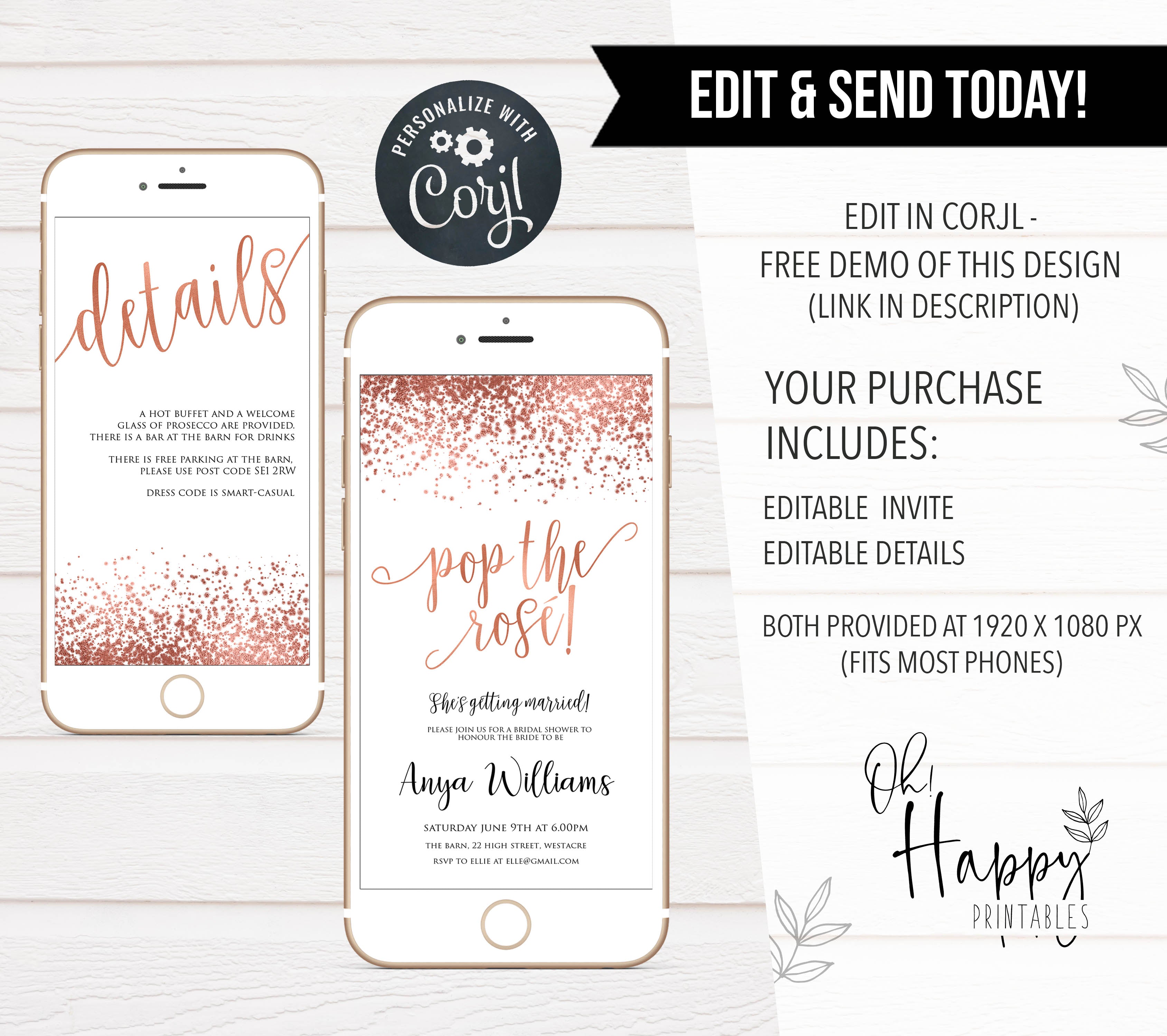 pop the rose bridal shower invite, editable bridal shower invite, rose gold bridal shower invite, bridal invite