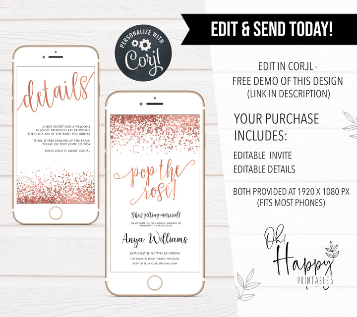 pop the rose bridal shower invite, editable bridal shower invite, rose gold bridal shower invite, bridal invite