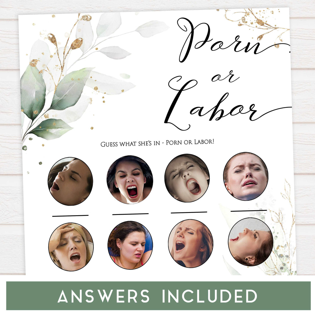 Gold green leaf baby games, labor or porn, baby bump, boobs or butts game, printable baby games, fun baby games, top baby games to play, gold leaf baby shower, greenery baby shower ideas