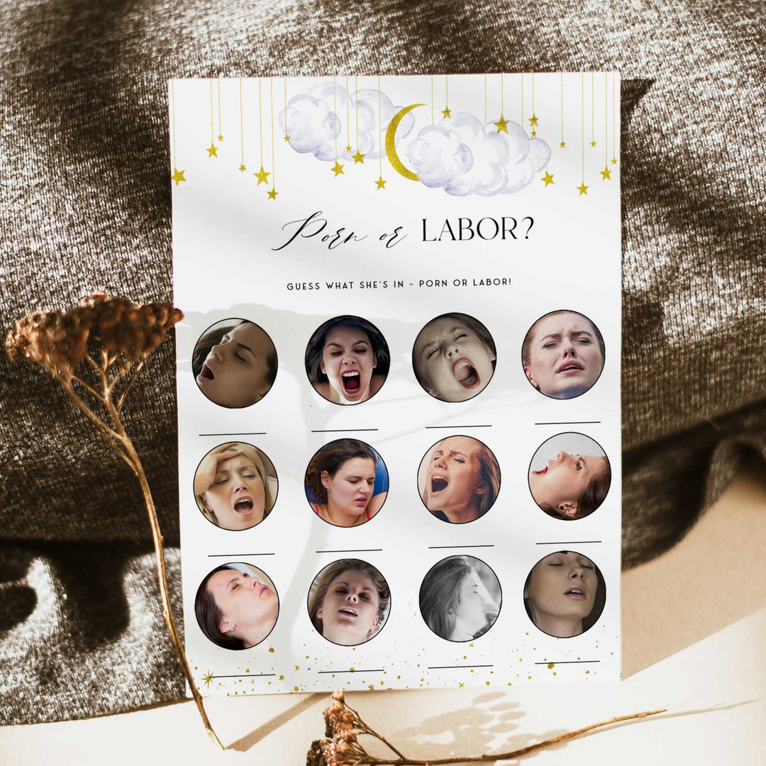 Fully editable and printable baby shower porn or labor game with a little star design. Perfect for a Twinkle Little Star baby shower themed party