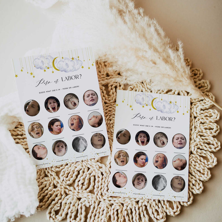 Fully editable and printable baby shower porn or labor game with a little star design. Perfect for a Twinkle Little Star baby shower themed party
