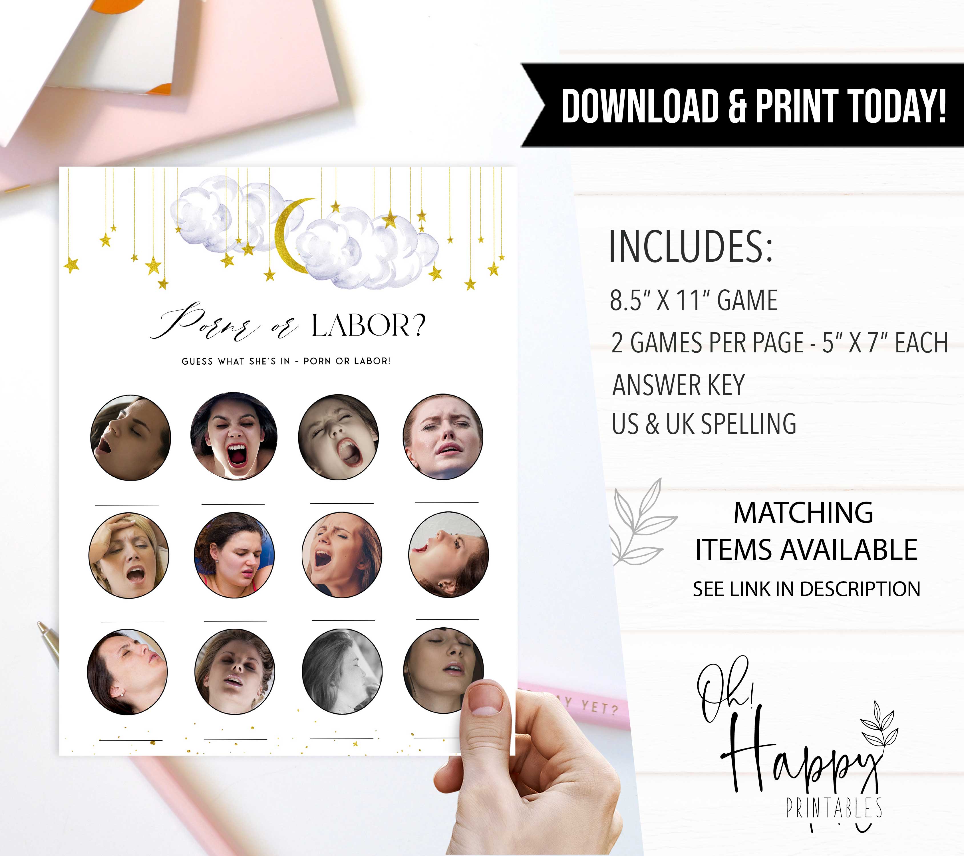 Fully editable and printable baby shower porn or labor game with a little star design. Perfect for a Twinkle Little Star baby shower themed party