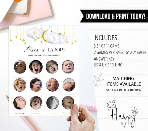 Fully editable and printable baby shower porn or labor game with a little star design. Perfect for a Twinkle Little Star baby shower themed party