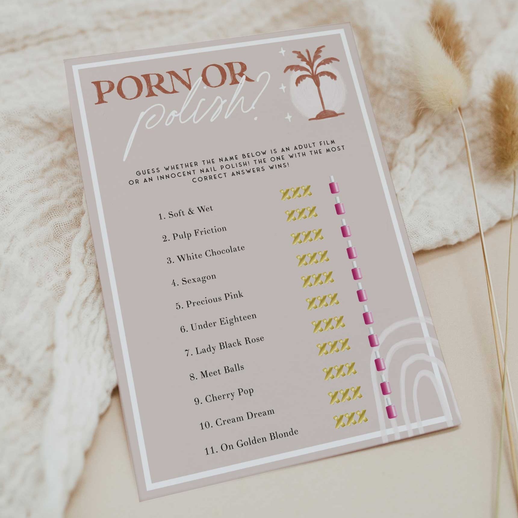 Fully editable and printable bridal shower porn or polish game with a Palm Springs design. Perfect for a Palm Springs bridal shower themed party