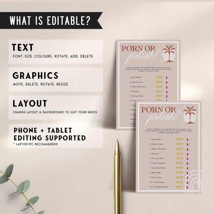 Fully editable and printable bridal shower porn or polish game with a Palm Springs design. Perfect for a Palm Springs bridal shower themed party