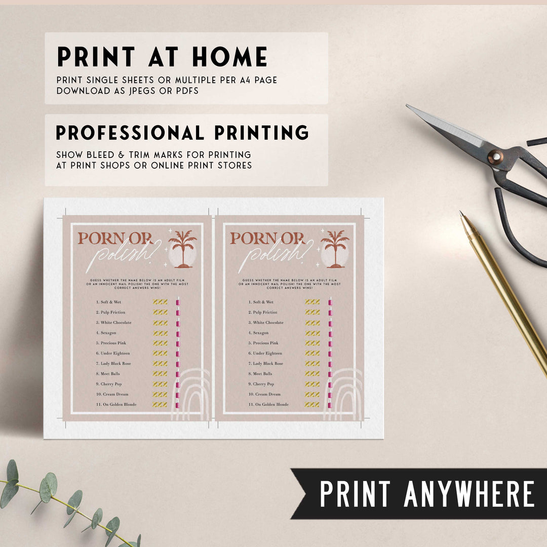 Fully editable and printable bridal shower porn or polish game with a Palm Springs design. Perfect for a Palm Springs bridal shower themed party