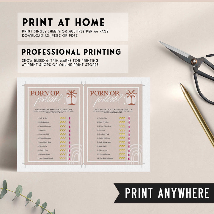 Fully editable and printable bridal shower porn or polish game with a Palm Springs design. Perfect for a Palm Springs bridal shower themed party