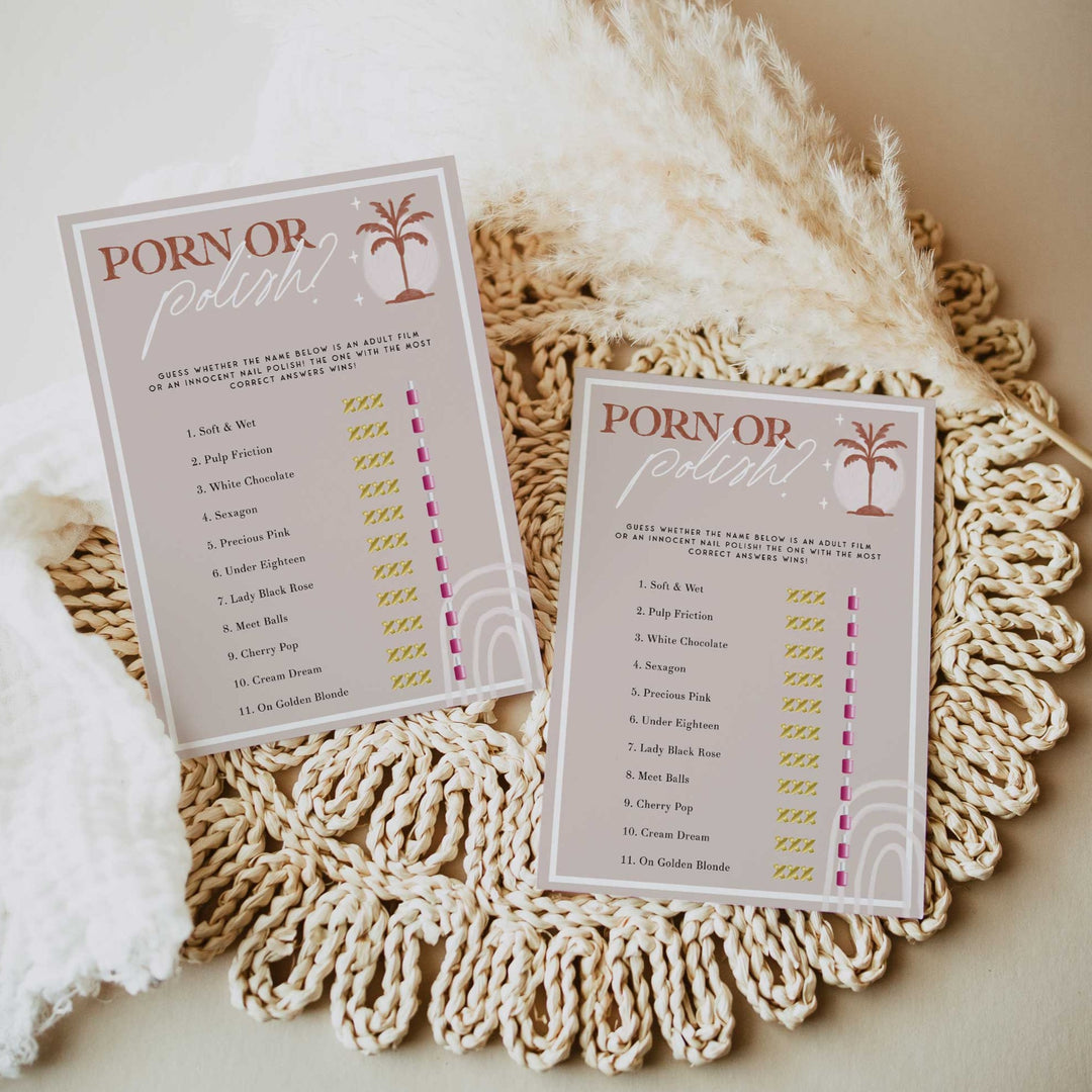 Fully editable and printable bridal shower porn or polish game with a Palm Springs design. Perfect for a Palm Springs bridal shower themed party