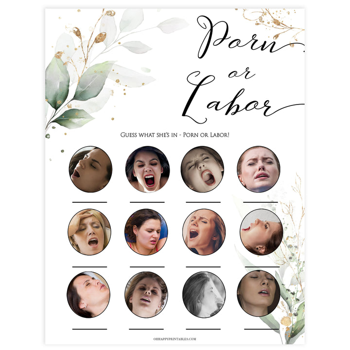 Gold green leaf baby games, porn or labor, labor or porn, printable baby games, fun baby games, top baby games to play, gold leaf baby shower, greenery baby shower ideas