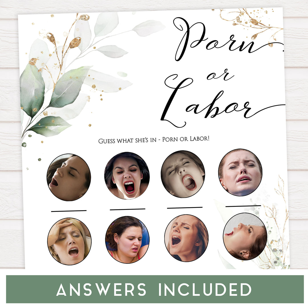 Gold green leaf baby games, porn or labor, labor or porn, printable baby games, fun baby games, top baby games to play, gold leaf baby shower, greenery baby shower ideas