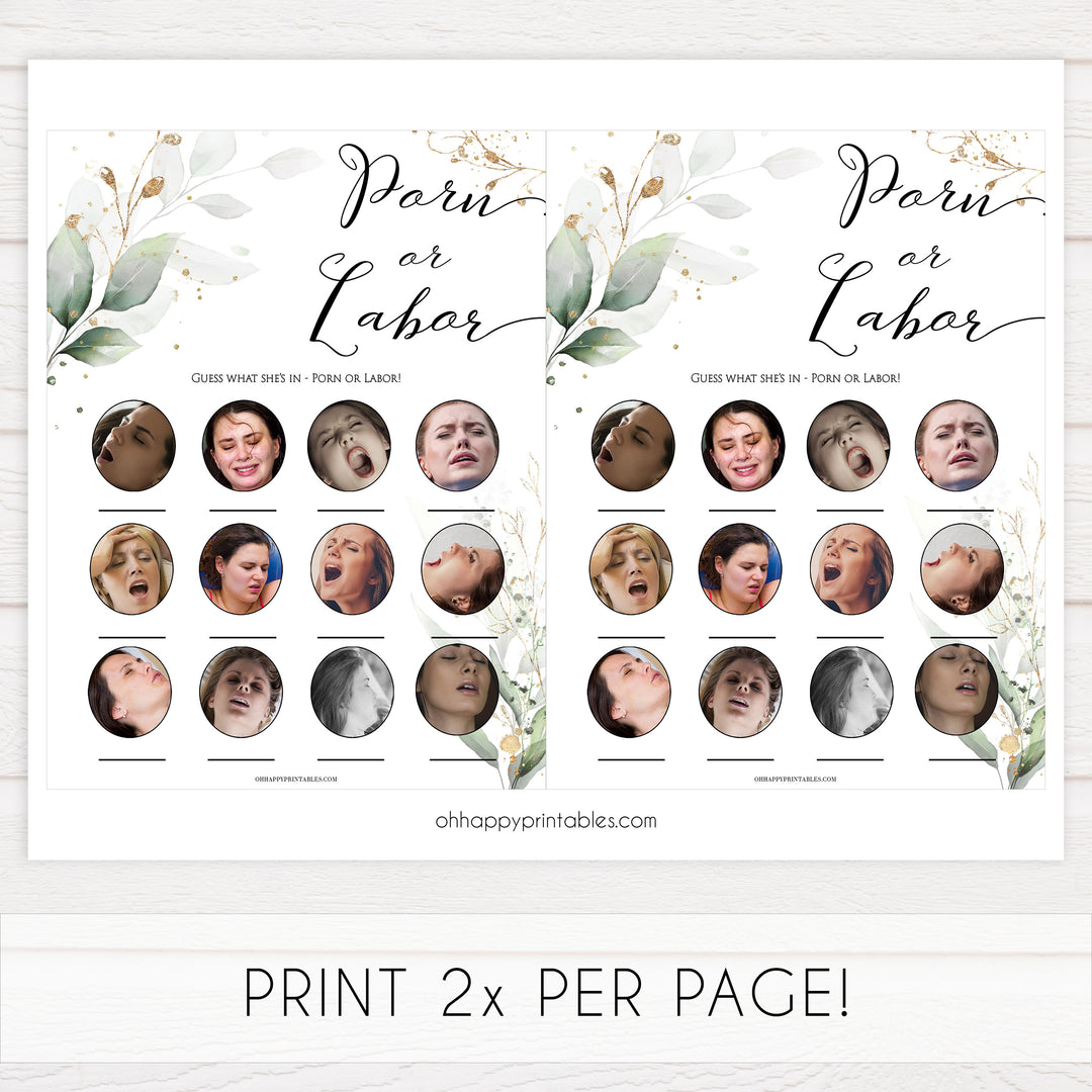 Gold green leaf baby games, porn or labor, labor or porn, printable baby games, fun baby games, top baby games to play, gold leaf baby shower, greenery baby shower ideas