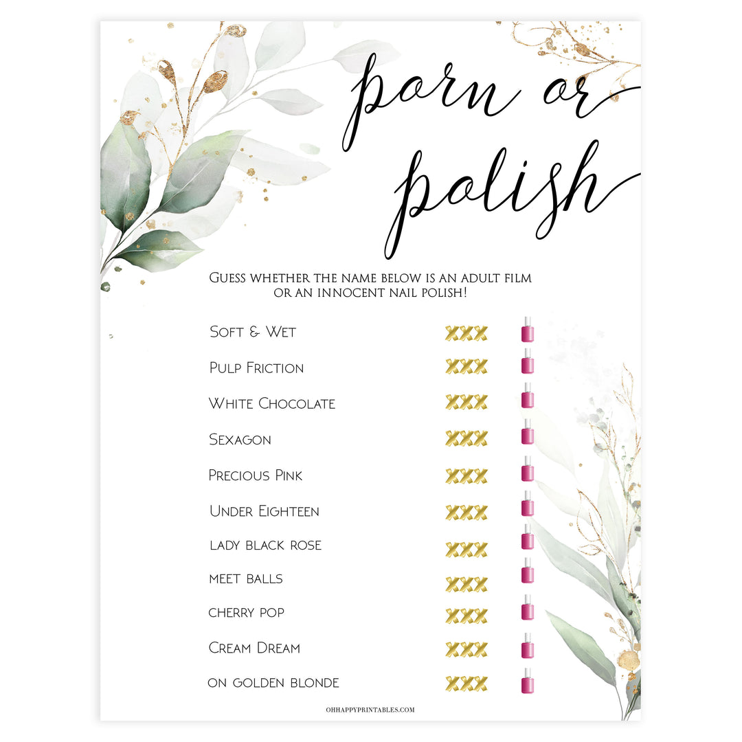 porn or polish game, Printable bridal shower games, greenery bridal shower, gold leaf bridal shower games, fun bridal shower games, bridal shower game ideas, greenery bridal shower