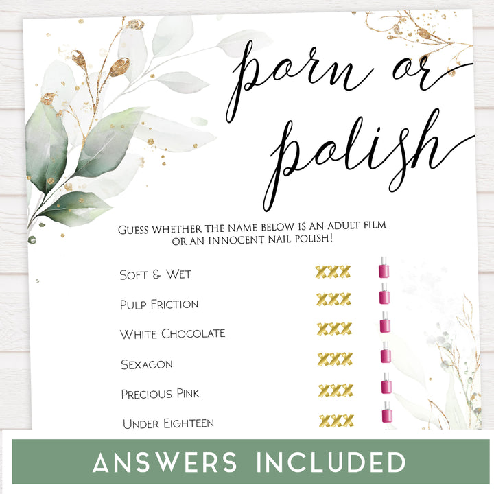 porn or polish game, Printable bridal shower games, greenery bridal shower, gold leaf bridal shower games, fun bridal shower games, bridal shower game ideas, greenery bridal shower