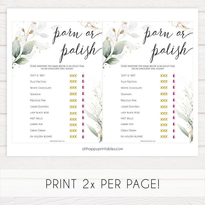 porn or polish game, Printable bridal shower games, greenery bridal shower, gold leaf bridal shower games, fun bridal shower games, bridal shower game ideas, greenery bridal shower