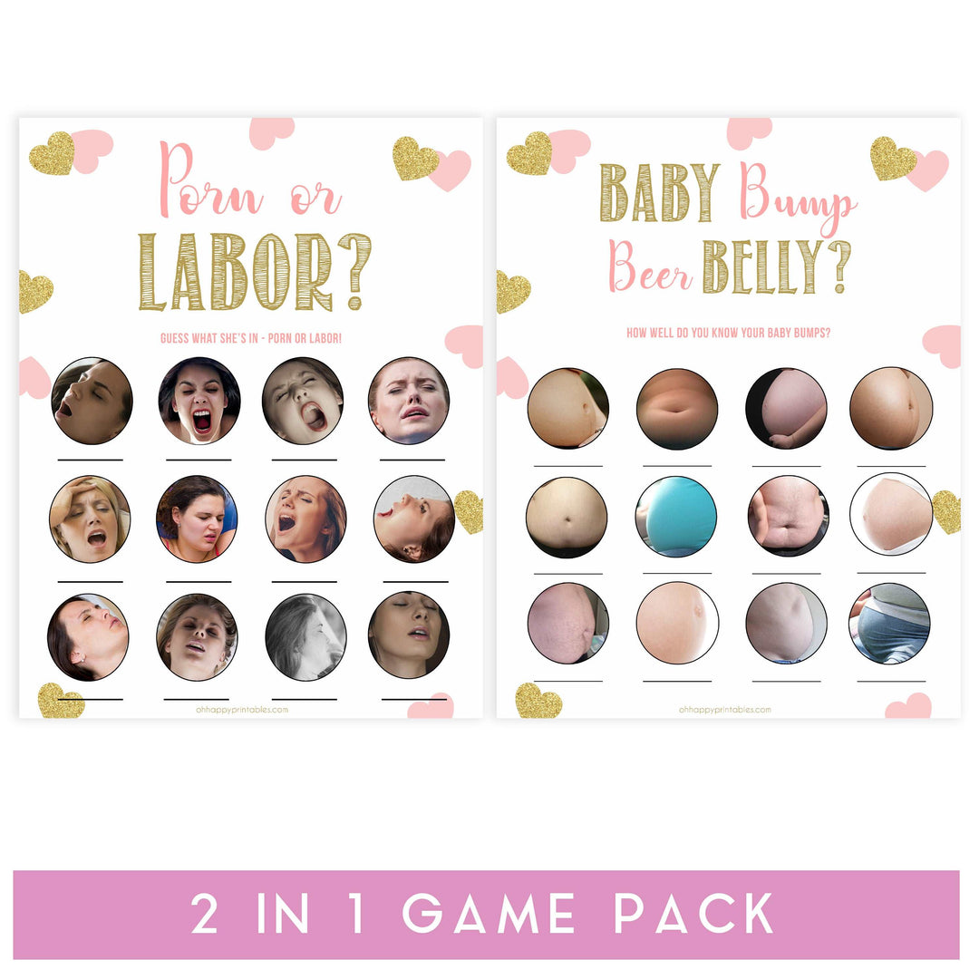 labor or porn, baby bump or beer belly game, Printable baby shower games, large pink hearts fun baby games, baby shower games, fun baby shower ideas, top baby shower ideas, gold pink hearts shower baby shower, pink hearts baby shower ideas