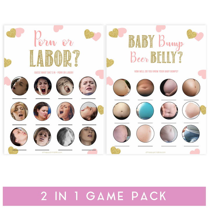 labor or porn, baby bump or beer belly game, Printable baby shower games, large pink hearts fun baby games, baby shower games, fun baby shower ideas, top baby shower ideas, gold pink hearts shower baby shower, pink hearts baby shower ideas