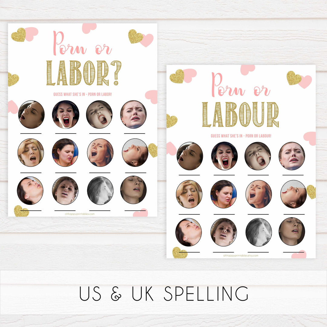 porn or labor, baby bump or beer belly, boobs or butts baby games, Printable baby shower games, large pink hearts fun baby games, baby shower games, fun baby shower ideas, top baby shower ideas, gold pink hearts shower baby shower, pink hearts baby shower ideas