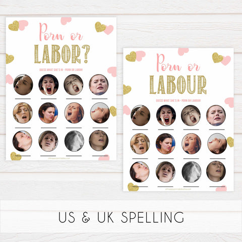 labor or porn, baby bump or beer belly game, Printable baby shower games, large pink hearts fun baby games, baby shower games, fun baby shower ideas, top baby shower ideas, gold pink hearts shower baby shower, pink hearts baby shower ideas
