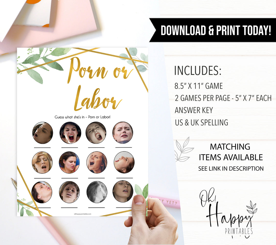 labor or porn, baby bump or beer belly game, Printable baby shower games, geometric fun baby games, baby shower games, fun baby shower ideas, top baby shower ideas, gold baby shower, blue baby shower ideas