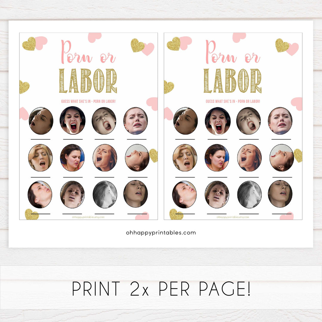 labor or porn, baby bump or beer belly game, Printable baby shower games, large pink hearts fun baby games, baby shower games, fun baby shower ideas, top baby shower ideas, gold pink hearts shower baby shower, pink hearts baby shower ideas