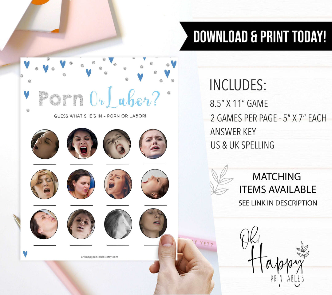 labor or porn, baby bump or beer belly game, Printable baby shower games, small blue hearts fun baby games, baby shower games, fun baby shower ideas, top baby shower ideas, silver baby shower, blue hearts baby shower ideas