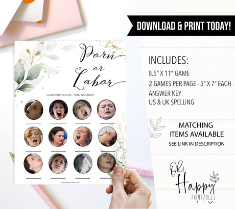 Gold green leaf baby games, labor or porn, baby bump, boobs or butts game, printable baby games, fun baby games, top baby games to play, gold leaf baby shower, greenery baby shower ideas