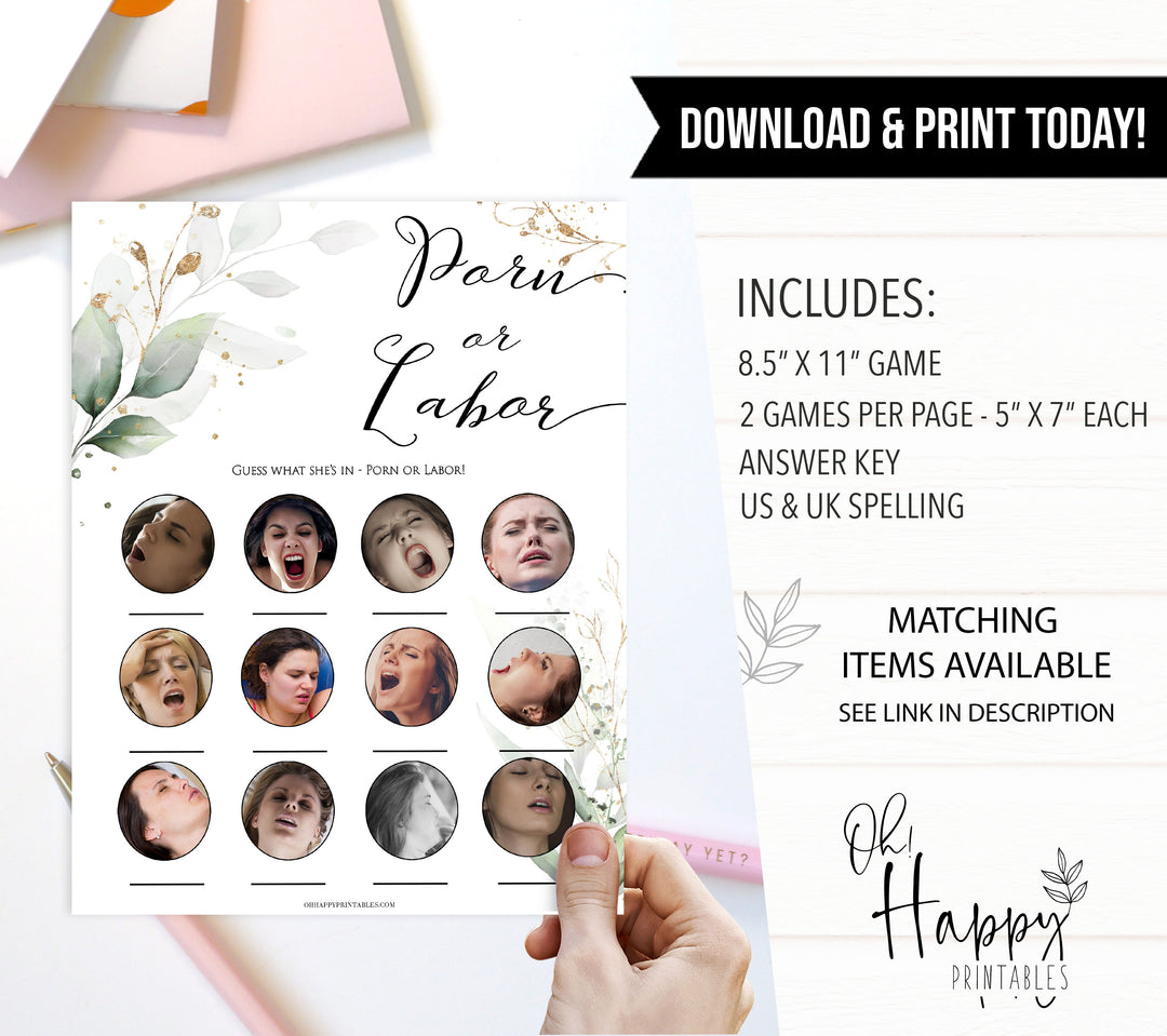 Gold green leaf baby games, porn or labor, labor or porn, printable baby games, fun baby games, top baby games to play, gold leaf baby shower, greenery baby shower ideas