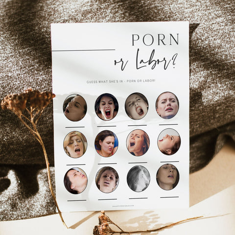 Printable baby shower game Porn or Labor with a modern minimalist design
